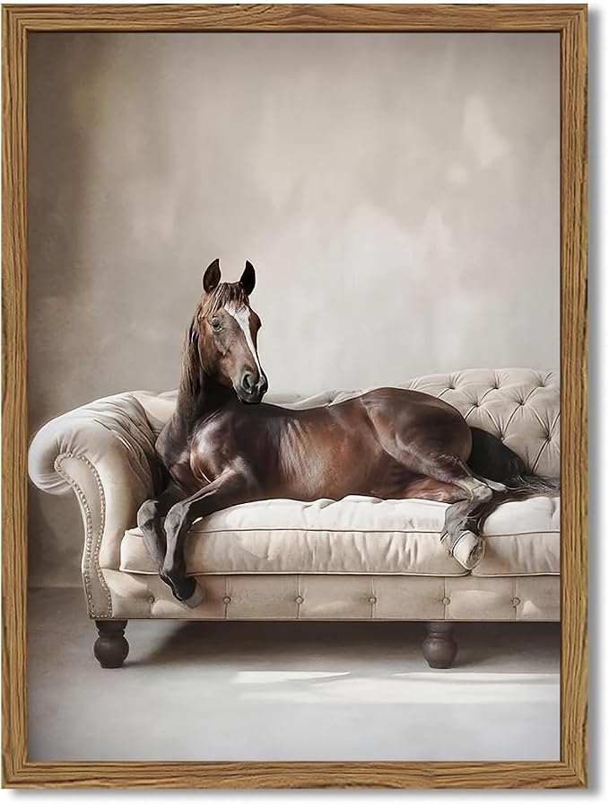 Framed Funny Horse Canvas Wall Art, Vintage Western Brown Horse On Sofa by Unknown