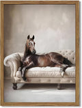 Framed Funny Horse Canvas Wall Art, Vintage Western Brown Horse On Sofa by Unknown