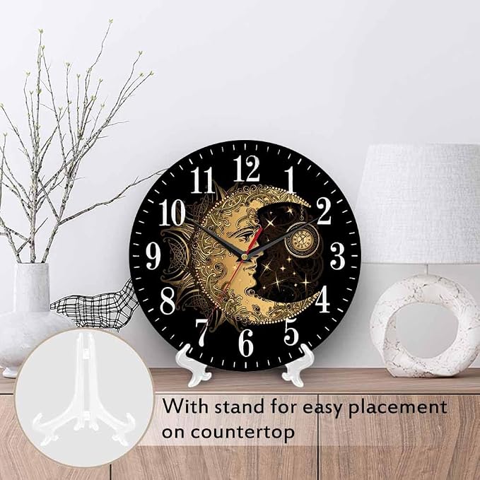 Mxocom Crescent Moon Wall Clock Boho Chic Golden Sun Ethnic Retro Night Black - Image 3