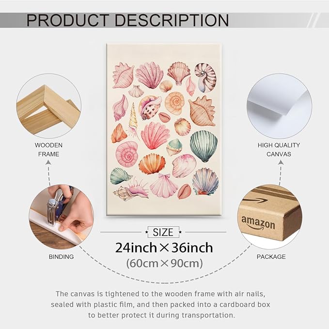 Pink Seashell Posters Coastal Cowgirl Canvas Wall Art Trendy Beach Starfish - Image 2