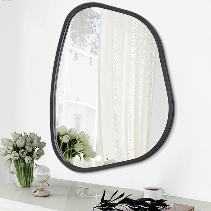 Black Asymmetrical Mirror Irregular Oval Wall Mirror Modern Wood Frame Unique by HLFMVWE