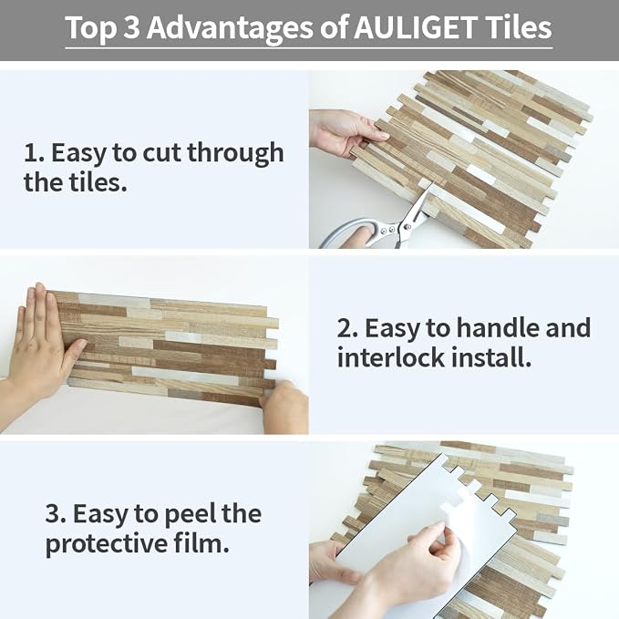 AULIGET 20 Sheets Beige & Brown Wood Peel and Stick Backsplash, PVC Mixed Metal - Image 7