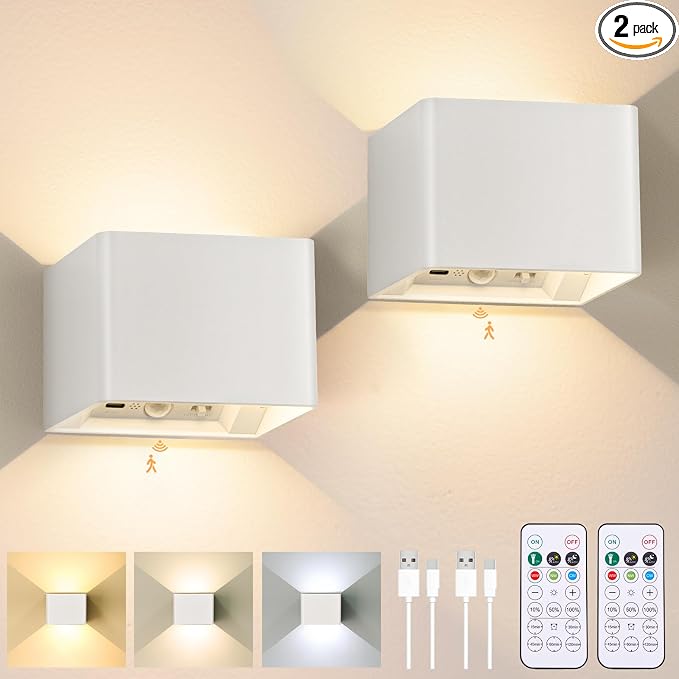 Rechargeable Motion Sensor Wall Light Indoor Set of 2, 6000mAh Cordless Battery by Yochoice