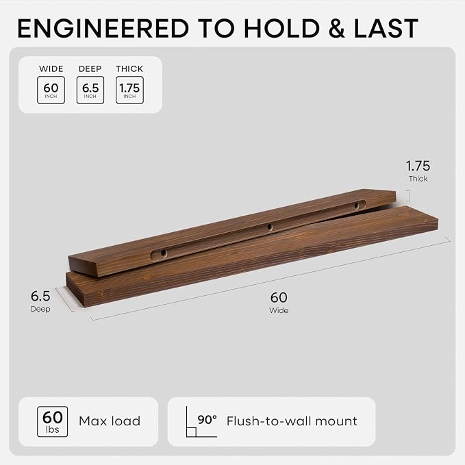 Homeforia Classic Walnut 60 inch Floating Shelf, High End Solid Real Wood Small - Image 2