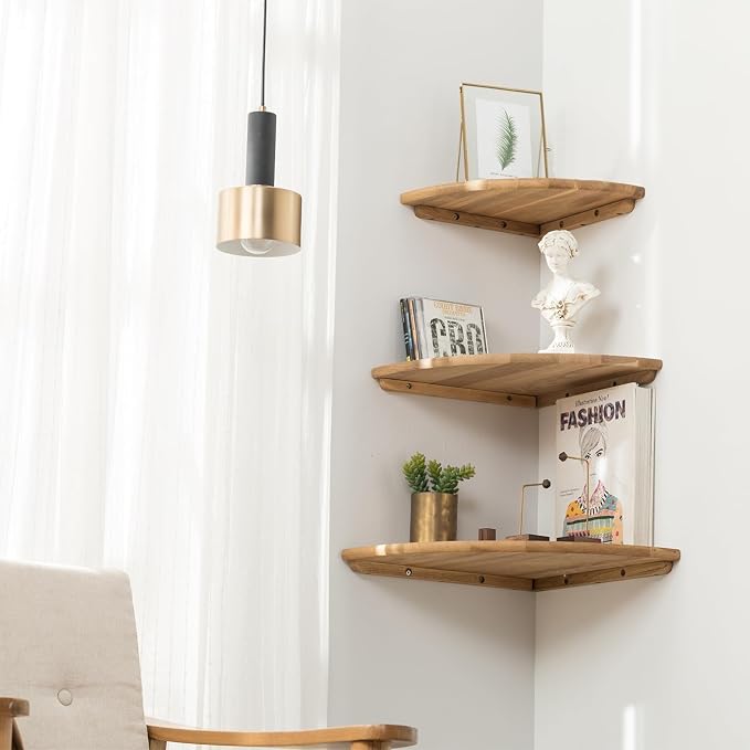 Corner Shelf, Solid Oak Wood Floating Corner Shelf Wall Mount Round End - Image 2