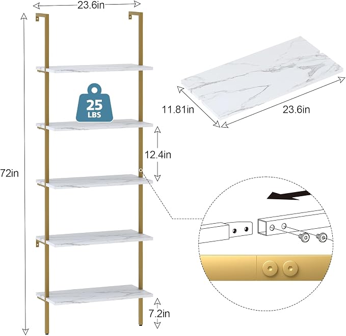 aboxoo Ladder Shelf White Marble Bookshelf 5-Tier Wall-Mounted Wood Rack - Image 3