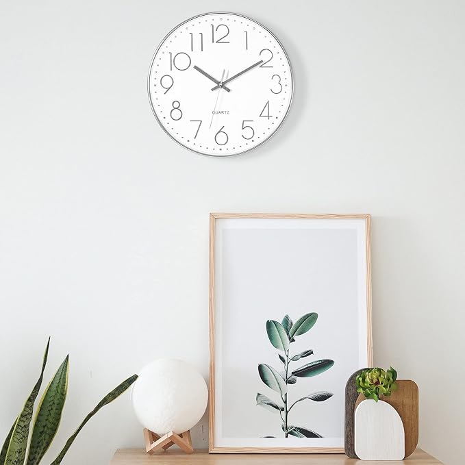 Foxtop Silver Wall Clock Silent Non-Ticking Battery Operated Round Modern Wall - Image 4