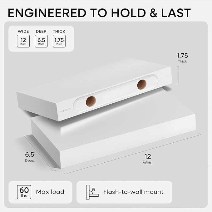 Homeforia White Floating Shelf 12 inch, High End Solid Real Wood Small 12inch - Image 2