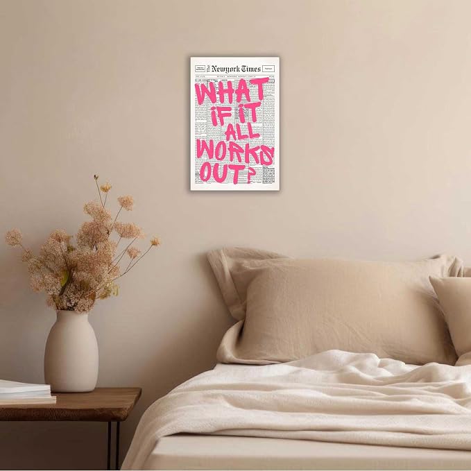 Drimiler Retro Newspaper Pink Font Poster What If It All Works Out Canvas Wall - Image 3