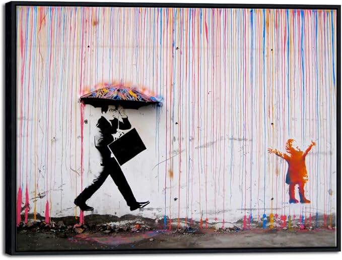 Wieco Art Framed Banksy Raining Day or Colorful Graffiti Street Famous Canvas by WiecoArt
