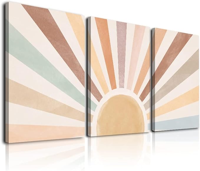 Boho Sun Wall Art Set of 3, Framed Canvas Wall Art Rainbow Sun Rising on the - Image 2