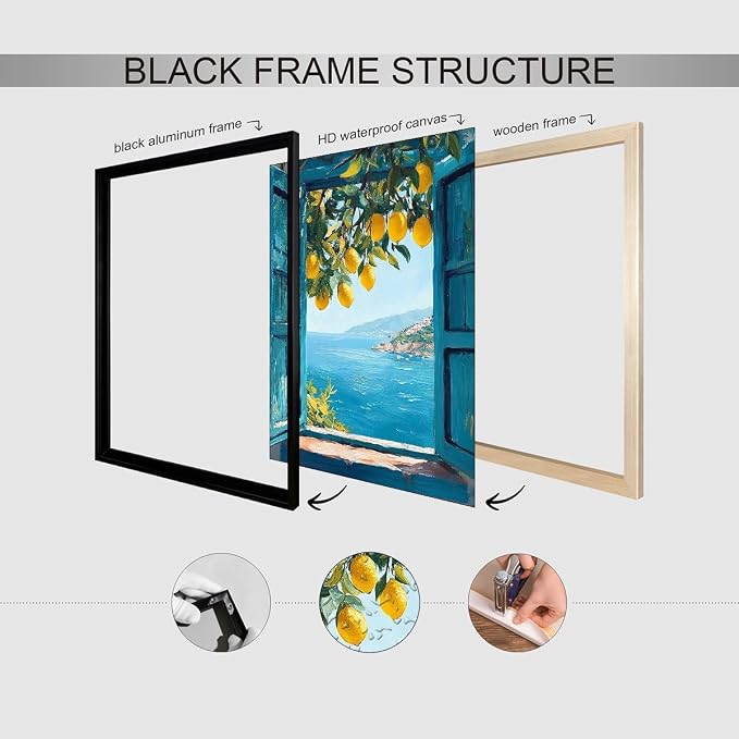 Black Framed Canvas Wall Art Posters Mediterranean Window View Coastal Lemon - Image 3
