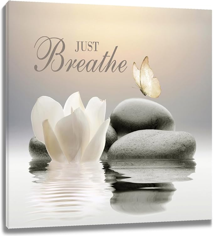 EOBTAIN Zen Flower Canvas Wall Art Bathroom Butterfly and Water Lily Stone by EOBTAIN