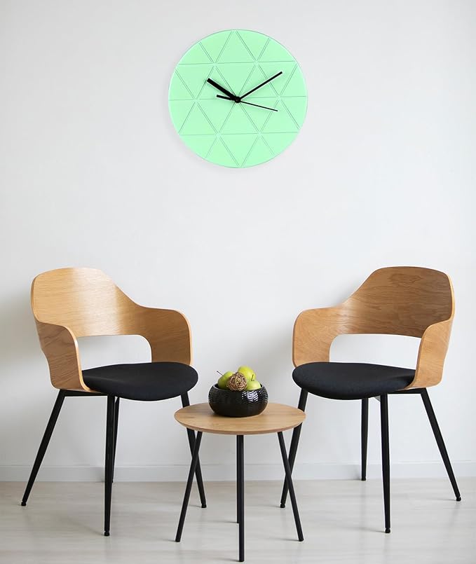 Mint Green Wooden Wall Clock 24cm Round Geometric Triangle Pattern MDF - Image 4