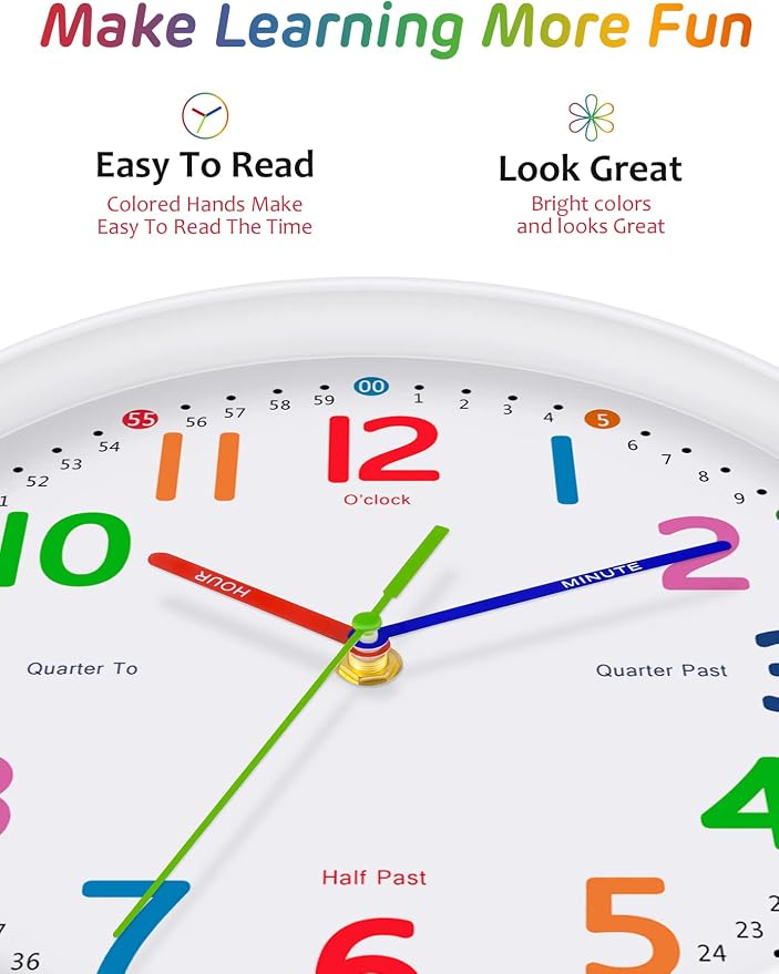 Kids Wall Clock: Telling Time Teaching Wall Clocks Silent Non-Ticking Clocks - Image 4