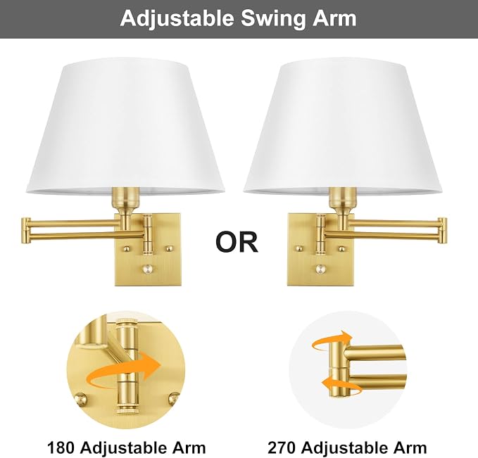 TRLIFE Dimmable Wall Sconce Plug in, Brushed Brass Wall Sconces Set of 2 Swing - Image 5