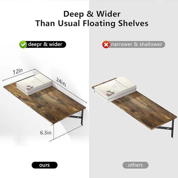 Deep Floating Shelves for Wall Set of 3, 24W x 12 Inch Deep Floating Shelves - Image 4