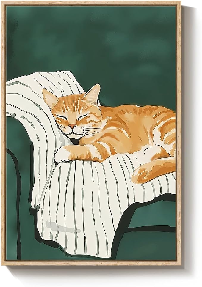 Framed Animal Wall Art for Bedroom Wall, Large Cozy Orange Tabby Cat Canvas - Image 9