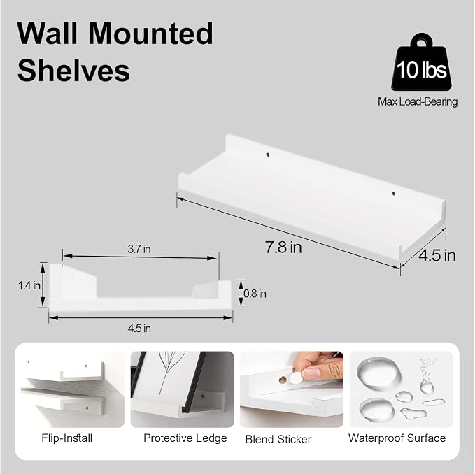 Small White Floating Shelves for Wall Decor, Wall Mounted Wood Shelf for Bedroom - Image 3