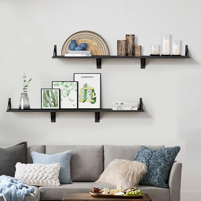 Forbena Black Floating Shelves Bathroom Set of 3, Wooden Wall Book Shelves - Image 5