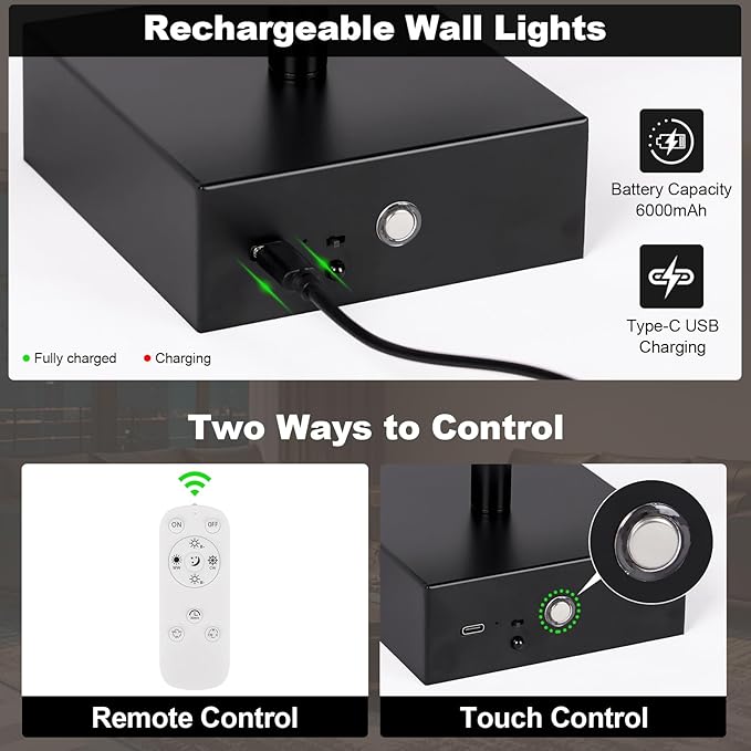 Battery Operated Wall Sconce, 3000K-6000K Dimmable Black Wall Lights - Image 5