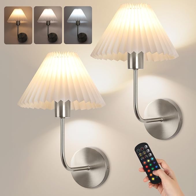 Wireless Wall Sconce Sets of 2, Pleated Shades Rechargeable Battery Operated by KELUOLY