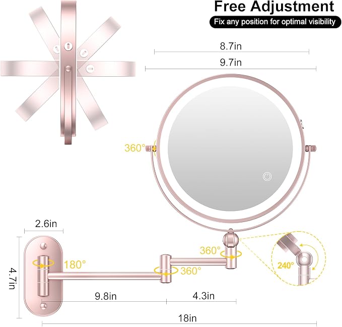 9" Wall Mounted Lighted Makeup Mirror, 4000mAh Rechargeable Double Sided 1X/10X - Image 6