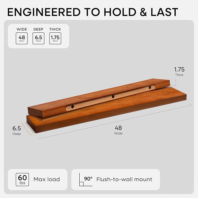 Homeforia 48 inch Oak Floating Shelf, High End Solid Real Wood 48inch Floating - Image 2