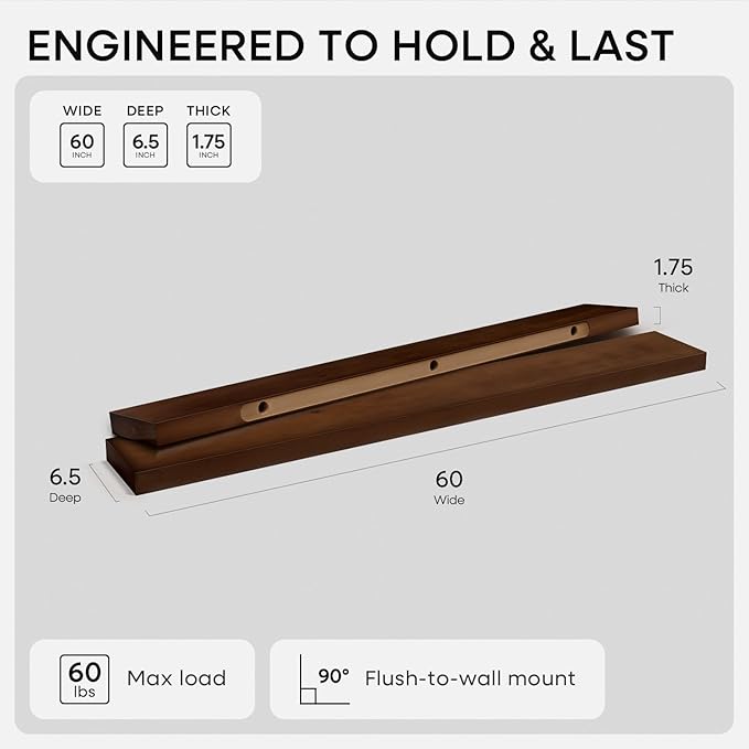 Homeforia Walnut 60 inch Floating Shelf, High End Solid Real Wood 60inch Long - Image 2