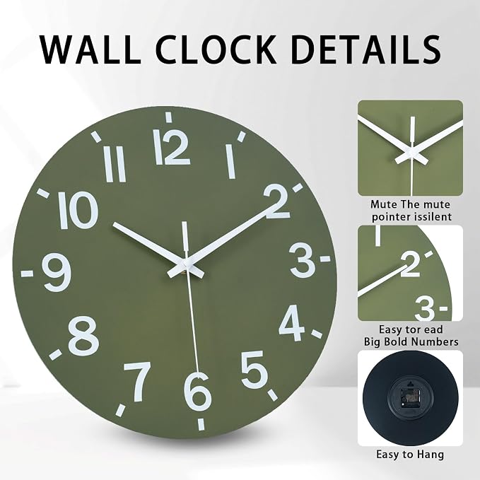 HZDHCLH Wall Clock 12 Inch Silent Non Ticking Wood Battery Operated Green - Image 2