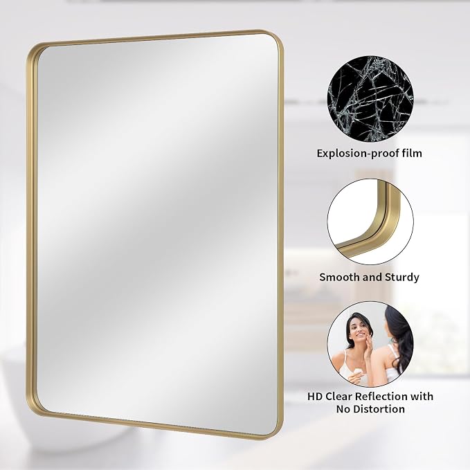 VooBang Bathroom Mirror 24x36 inch, Modern Round Corner Bathroom Vanity Mirror - Image 4