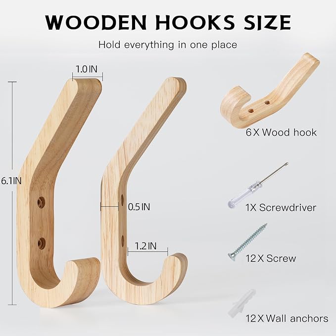 Wooden Coat Hooks for Wall, 6 Pack Wall Mounted Natural Wood Hooks, Modern - Image 6