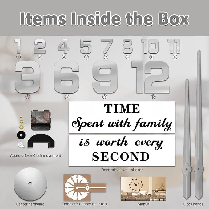 Mintime Modern Frameless DIY Wall Clock Large 3D Wall Watch Mirror Numbers - Image 7