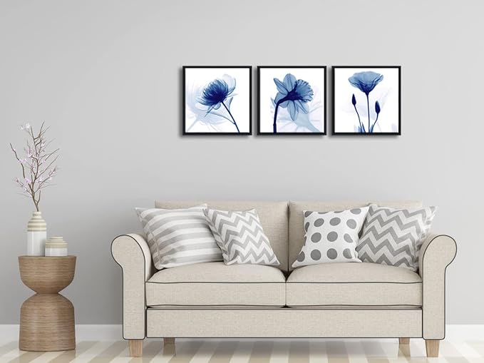 Wieco Art Framed Blue Abstract Flowers 3 Panels Canvas Prints Wall Art Modern - Image 3