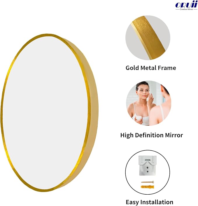 Oruii Gold Round Mirror, Circle Wall Mirrors Metal Frame, Brass Circular Mirrors - Image 2