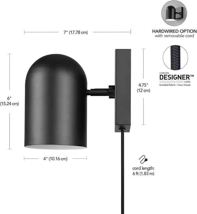 Globe Electric 65000098 1-Light Plug-in or Hardwire Wall Sconce, Matte Black - Image 8