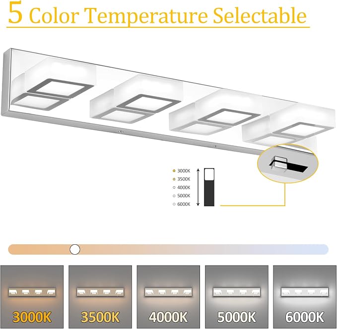 Ralbay Modern Led Chrome Bathroom Vanity Lights 5 Color Temperature Dimmable - Image 2