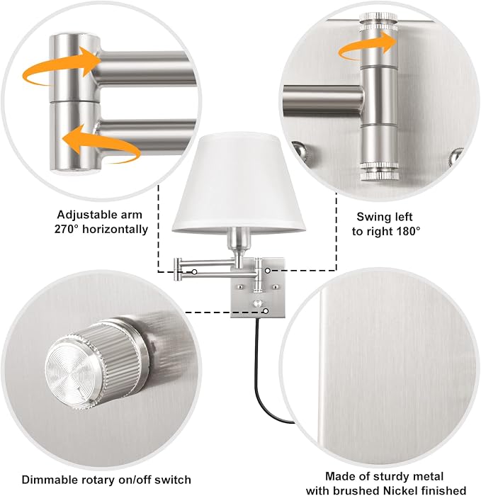 TRLIFE Wall Sconce Plug in, Dimmable Wall Sconces Set of 2 Brushed Nickel Swing - Image 4