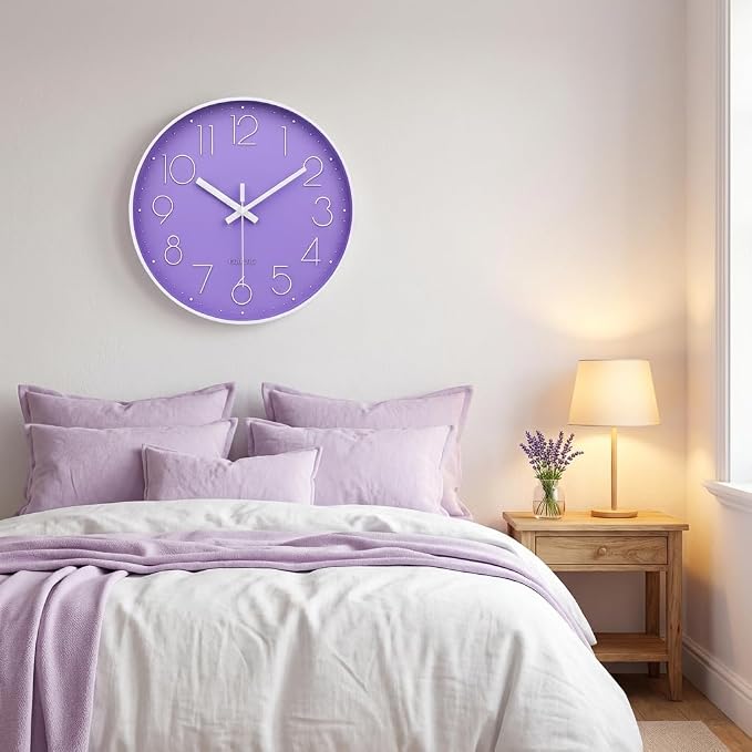jomparis Purple Wall Clock 12 Inches Silent Quartz Wall Clock Lavender Decor - Image 3
