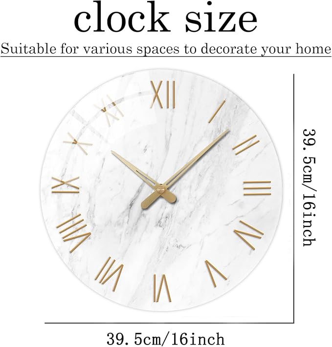 White Marble Large Clocks for Living Room Round Glass Wall Clock Battery - Image 5