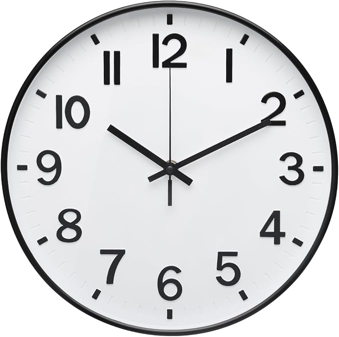 Wall Clock 12Inch White-Black Modern Simple Quartz Decorative Clock Non-Ticking by BAKBRAND