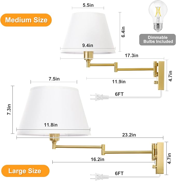 TRLIFE Dimmable Wall Sconce Plug in, Brushed Brass Wall Sconces Set of 2 Swing - Image 6