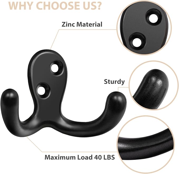 Homanu 24 Pack Coat Hooks, Heavy Duty Double Prong Coat Hooks Wall Mounted - Image 4