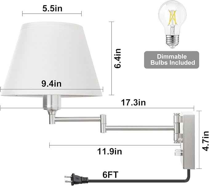 TRLIFE Wall Sconce Plug in, Dimmable Wall Sconces Set of 2 Brushed Nickel Swing - Image 6