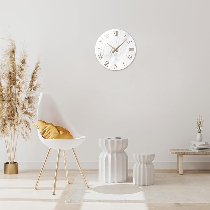 White Marble Large Clocks for Living Room Round Glass Wall Clock Battery - Image 3