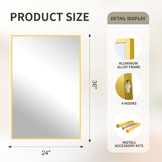 FICTOR Bathroom Vanity Mirror-Gold, 36x24 Inch, Shatterproof & Anti-Rust - Image 2