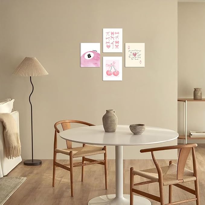 SEHSUVC Pink Coquette Y2K Lucky Wall Art Set of 4, Preppy Aesthetic Canvas - Image 2