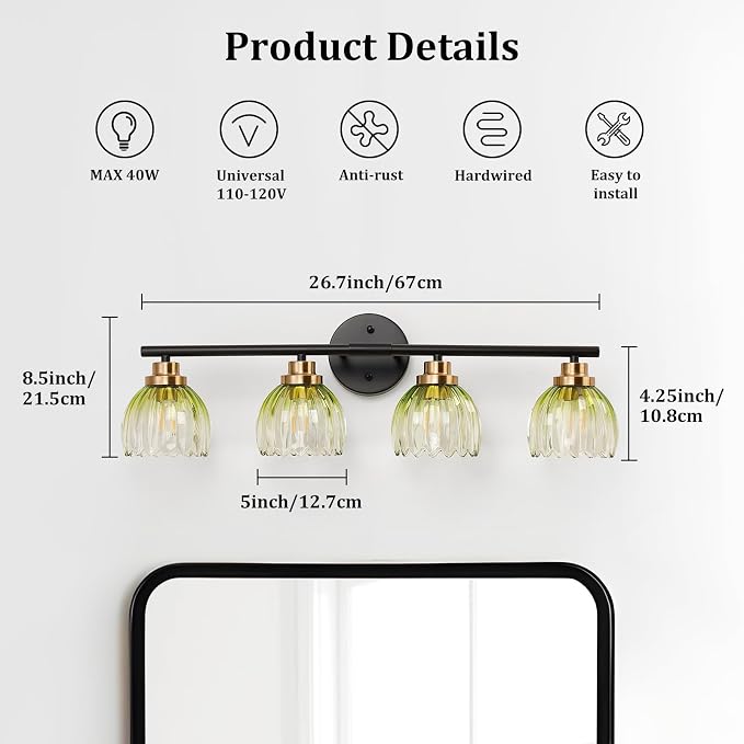 TALOYA Bathroom Vanity Light Fixtures, 4-Light Modern Black and Gold Wall Lights - Image 2