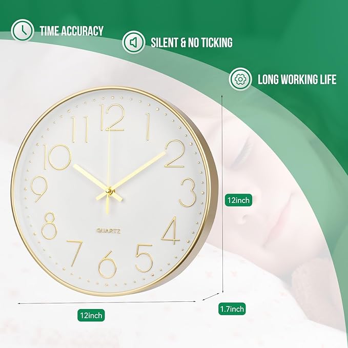 Wall Clock 12 Inch Non-Ticking Silent Modern Simple Style Round Decor Clock - Image 3