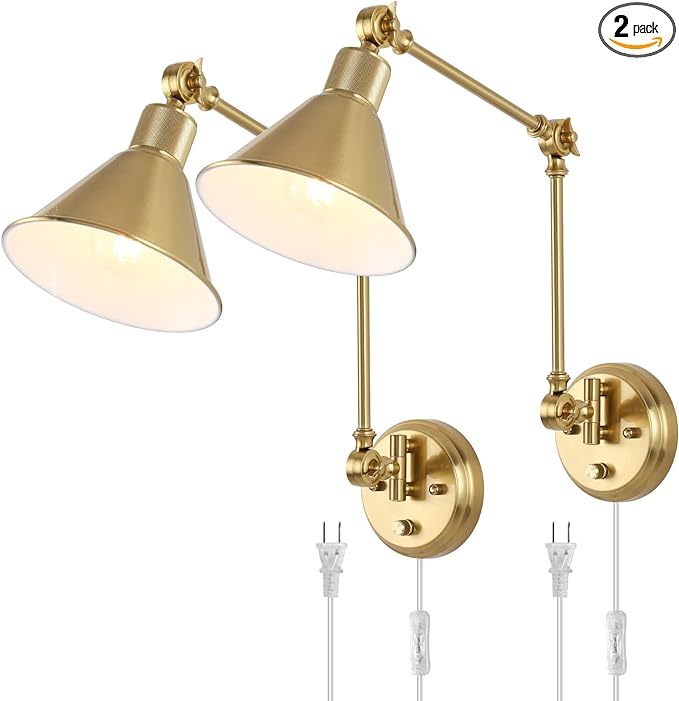 TRLIFE Wall Sconces Plug in, Dimmable Wall Sconces Brushed Brass Swing Arm Wall by TRLIFE